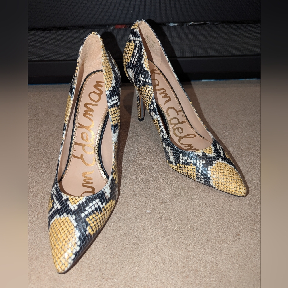 New Sam Edelman Hazel Yellow Snakeprimt Heels, Size 7